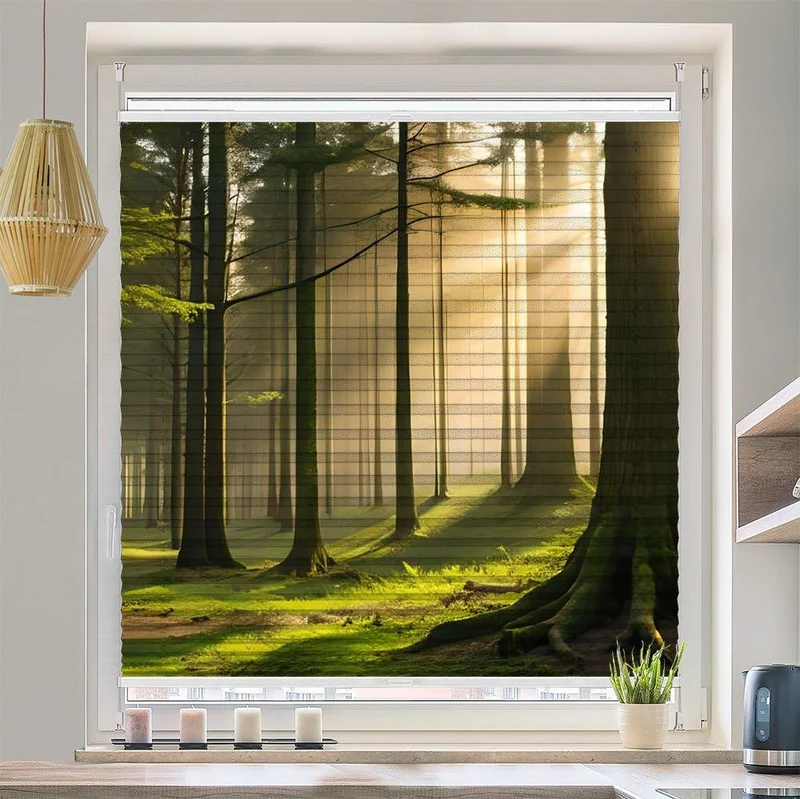 Wabenplissee Motiv "Wald Nebel Baeume"