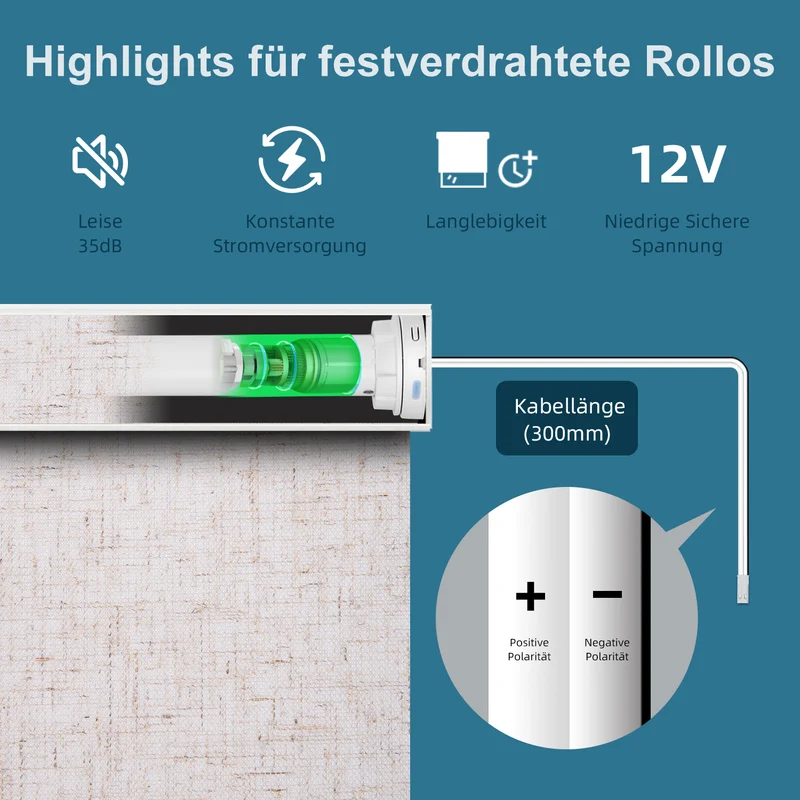 SmartWings festverdrahtete Rollos DC 12V 70% Verdunkelung Leinen