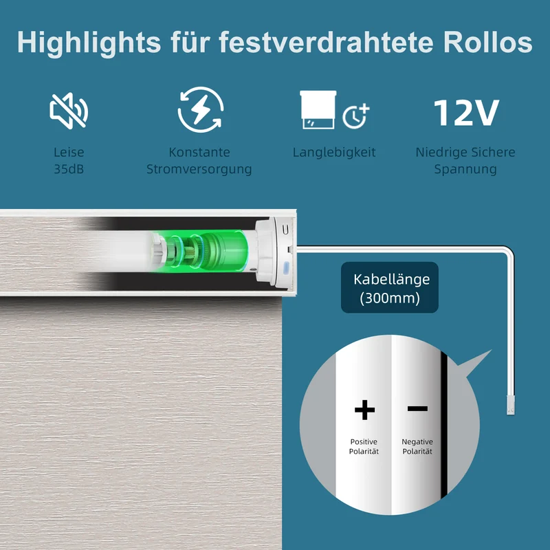 SmartWings festverdrahtete Rollos DC 12V 100% Verdunkelung Sichtschutz Essential