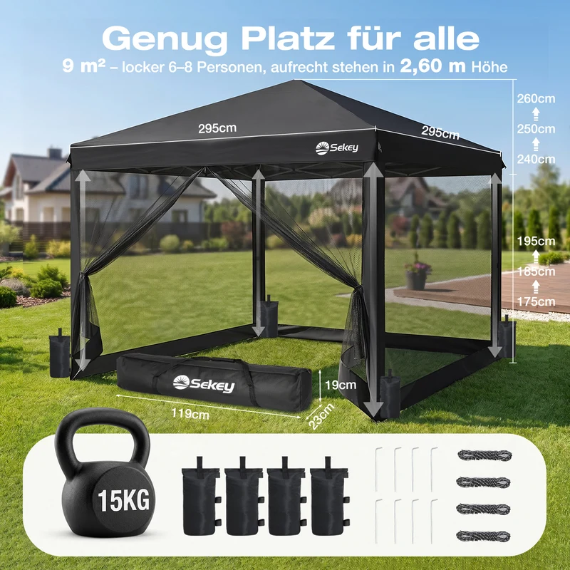 Sekey Pop Up Pavillon 3x3 m mit Moskitonetz – Wasserdicht, Winterfest, Höhenverstellbarer Faltpavillon mit 4 Sandsäcken, UV-Schutz 50+, Garten- & Campingzelt