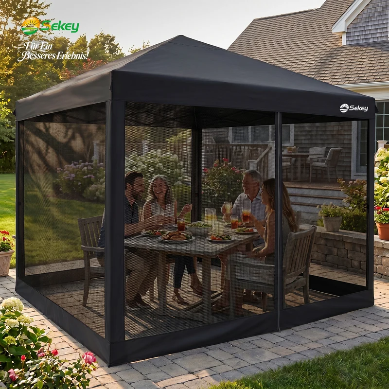 Sekey Pop Up Pavillon 3x3 m mit Moskitonetz – Wasserdicht, Winterfest, Höhenverstellbarer Faltpavillon mit 4 Sandsäcken, UV-Schutz 50+, Garten- & Campingzelt