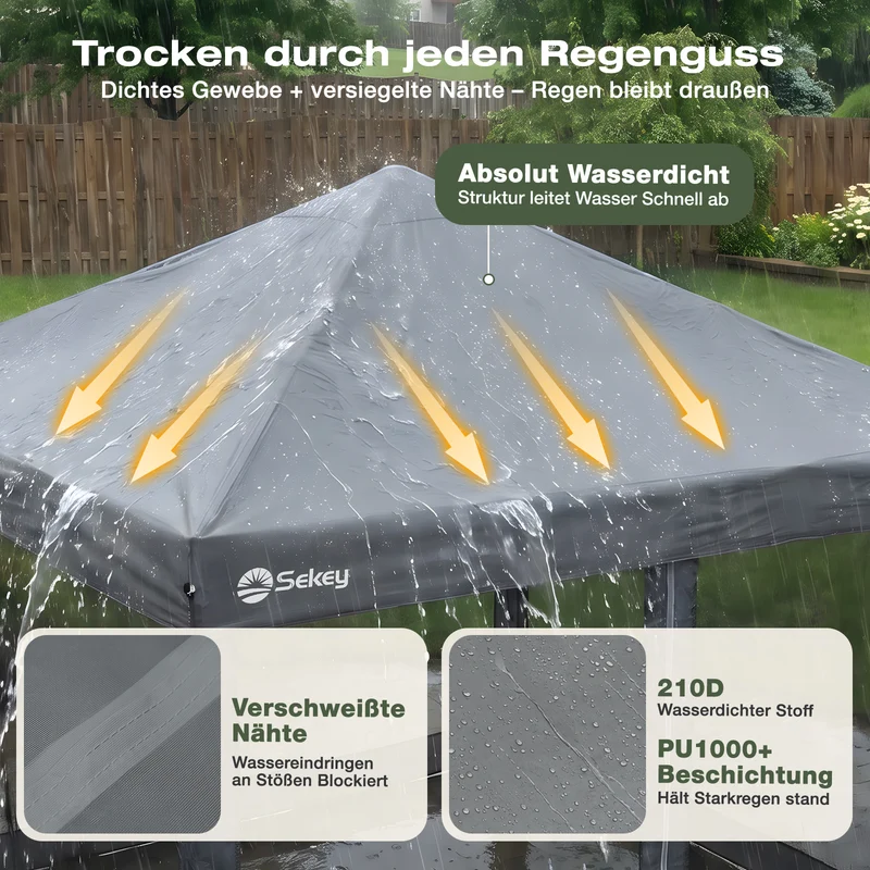 Sekey Pop Up Pavillon 3x3 m mit Moskitonetz – Wasserdicht, Winterfest, Höhenverstellbarer Faltpavillon mit 4 Sandsäcken, UV-Schutz 50+, Garten- & Campingzelt