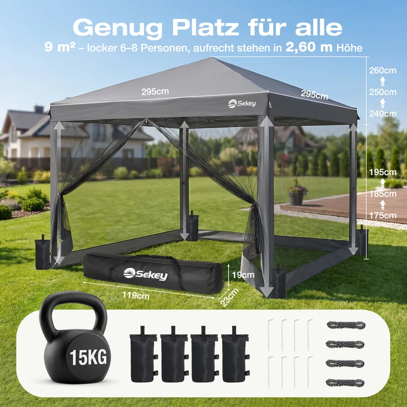 Sekey Pop Up Pavillon 3x3 m mit Moskitonetz – Wasserdicht, Winterfest, Höhenverstellbarer Faltpavillon mit 4 Sandsäcken, UV-Schutz 50+, Garten- & Campingzelt
