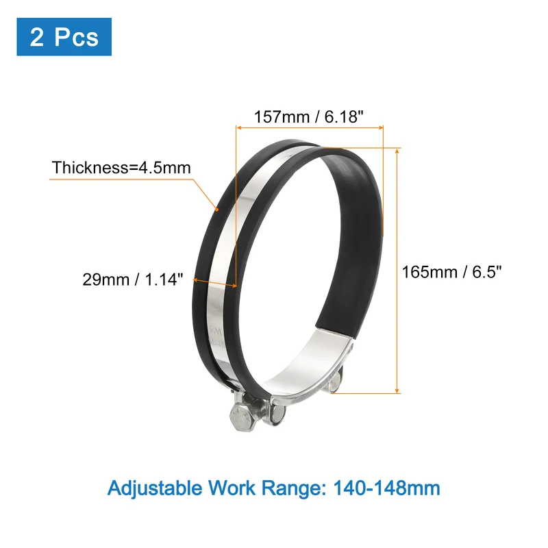 T-Bolt Hose Clamp 2Pcs 140-148mm Rubber Cushion Metal Intake Intercooler Clamps
