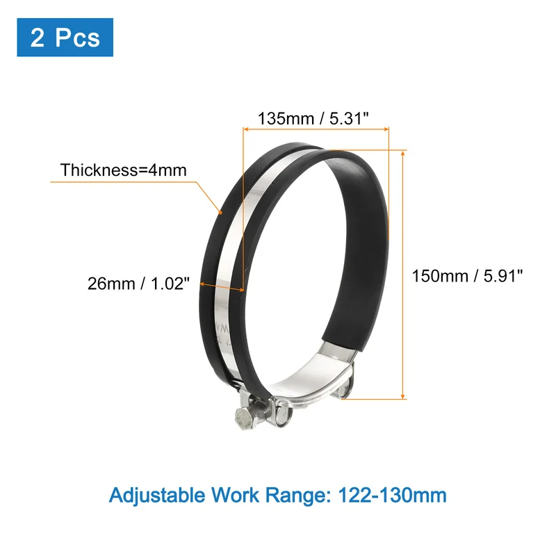 T-Bolt Hose Clamp 2Pcs 122-130mm Rubber Cushion Metal Intake Intercooler Clamps