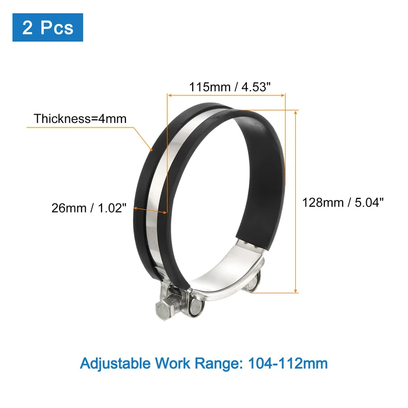 T-Bolt Hose Clamp 2Pcs 104-112mm Rubber Cushion Metal Intake Intercooler Clamps
