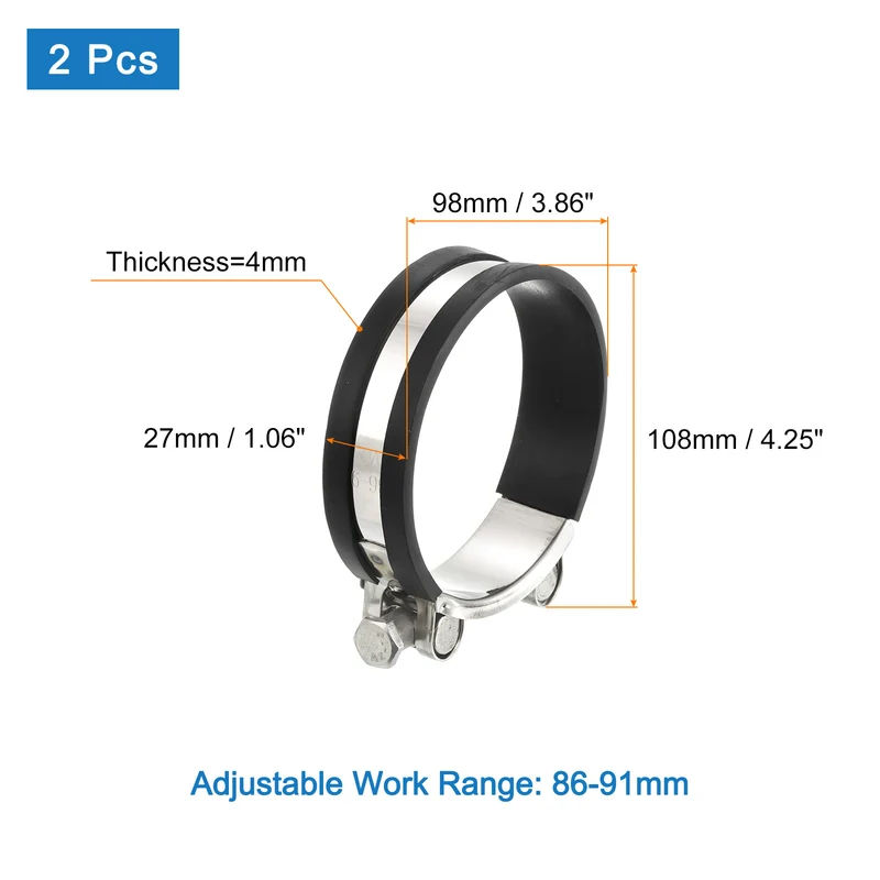 T-Bolt Hose Clamp 2Pcs 86-91mm Rubber Cushion Metal Intake Intercooler Clamps
