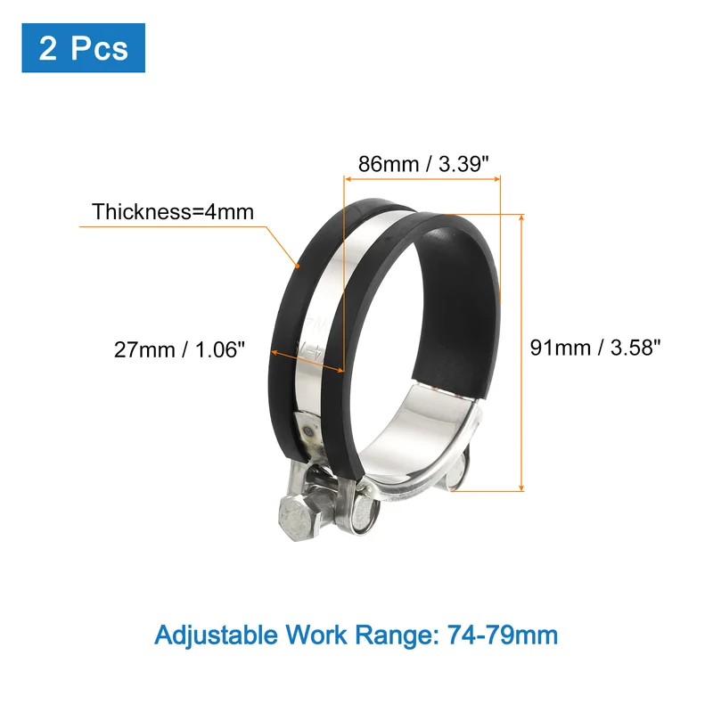 T-Bolt Hose Clamp 2Pcs 74-79mm Rubber Cushion Metal Intake Intercooler Clamps