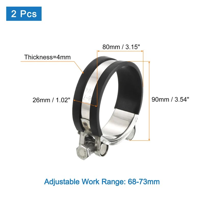 T-Bolt Hose Clamp 2Pcs 68-73mm Rubber Cushion Metal Intake Intercooler Clamps