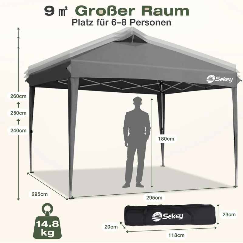 Sekey Pop Up Pavillon 3x3 m Wasserdicht & Winterfest – Faltpavillon mit One-Touch Aufbau, stabiler Gartenpavillon mit Belüftung, UV-Schutz 50+, Partyzelt inkl. Zubehör