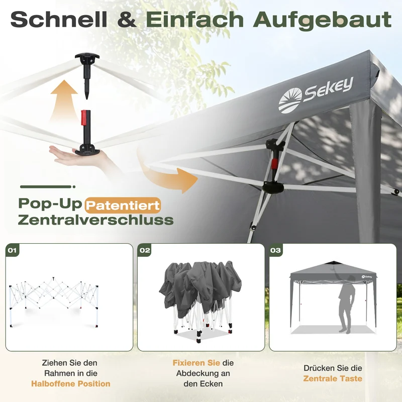 Sekey Pop Up Pavillon 3x3 m Wasserdicht & Winterfest – Faltpavillon mit One-Touch Aufbau, stabiler Gartenpavillon mit Belüftung, UV-Schutz 50+, Partyzelt inkl. Zubehör