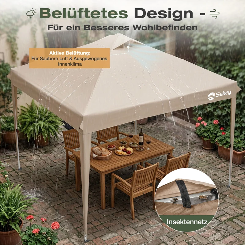 Sekey Pop Up Pavillon 3x3 m Wasserdicht & Winterfest – Faltpavillon mit One-Touch Aufbau, stabiler Gartenpavillon mit Belüftung, UV-Schutz 50+, Partyzelt inkl. Zubehör