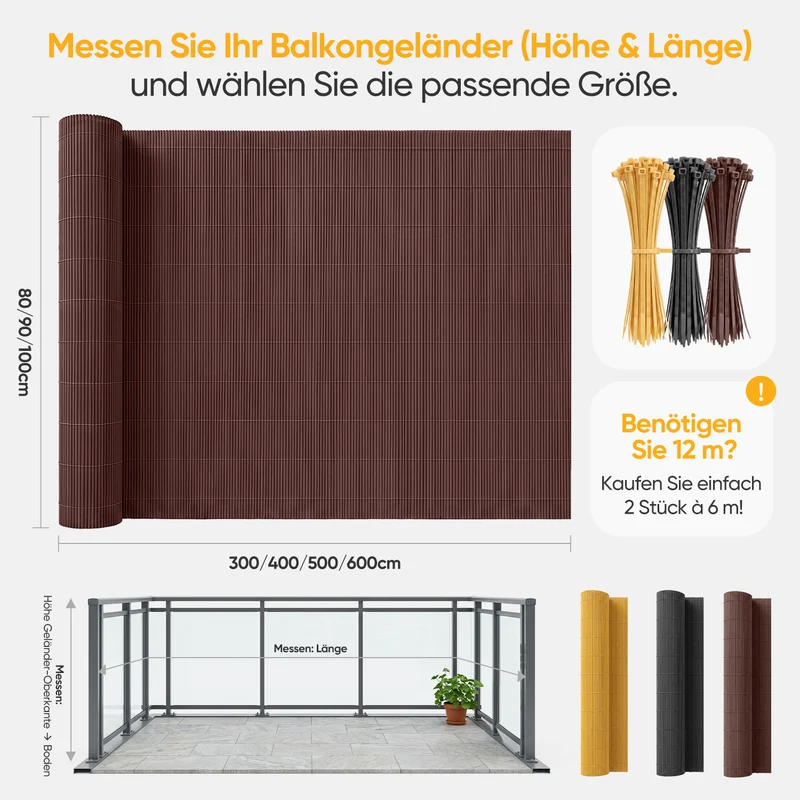 Sekey Balkon Sichtschutz in Holz-Optik Braun – Wetterfeste Sichtschutzmatte aus Kunststoff, Wasserdicht, UV-beständig & Schimmelfrei, Windschutz für Balkon, Garten & Terrasse inkl. Kabelbinder