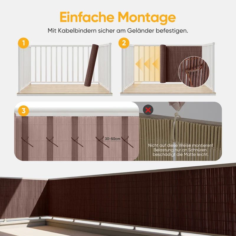 Sekey Balkon Sichtschutz in Holz-Optik Braun – Wetterfeste Sichtschutzmatte aus Kunststoff, Wasserdicht, UV-beständig & Schimmelfrei, Windschutz für Balkon, Garten & Terrasse inkl. Kabelbinder