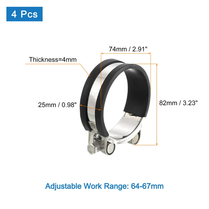 T-Bolt Hose Clamp 4Pcs 64-67mm Rubber Cushion Metal Intake Intercooler Clamps