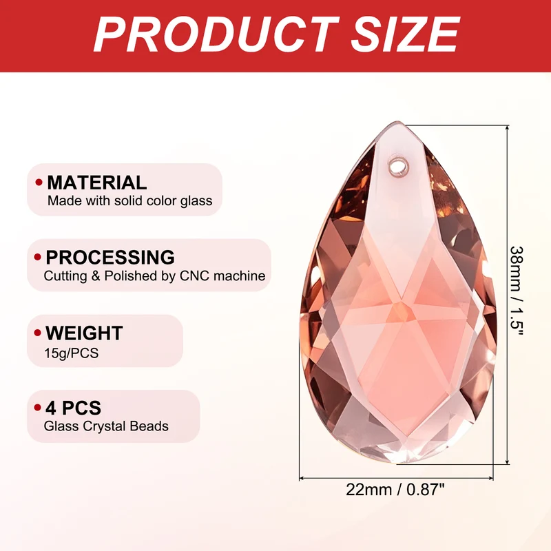 K9 Crystal Pendants Teardrop Beads, 6 Pack 38mm Chandelier, Light Red