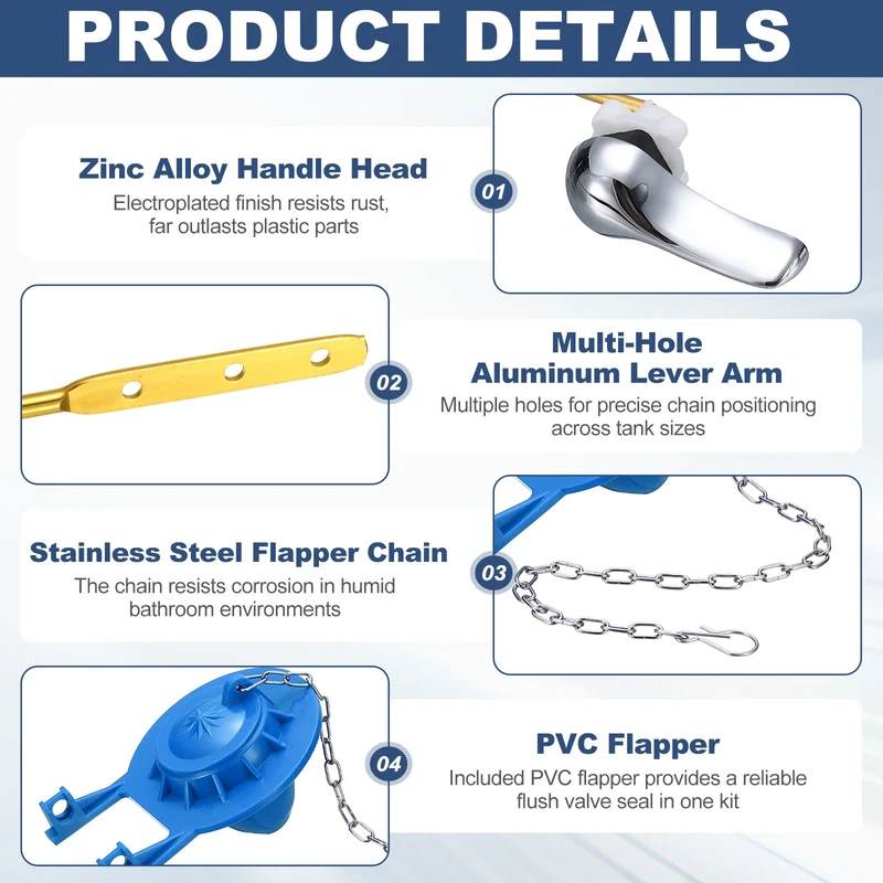 Toilet Handle Replacement Kit Front Mount Zinc Alloy, 77mm Flapper, Blue