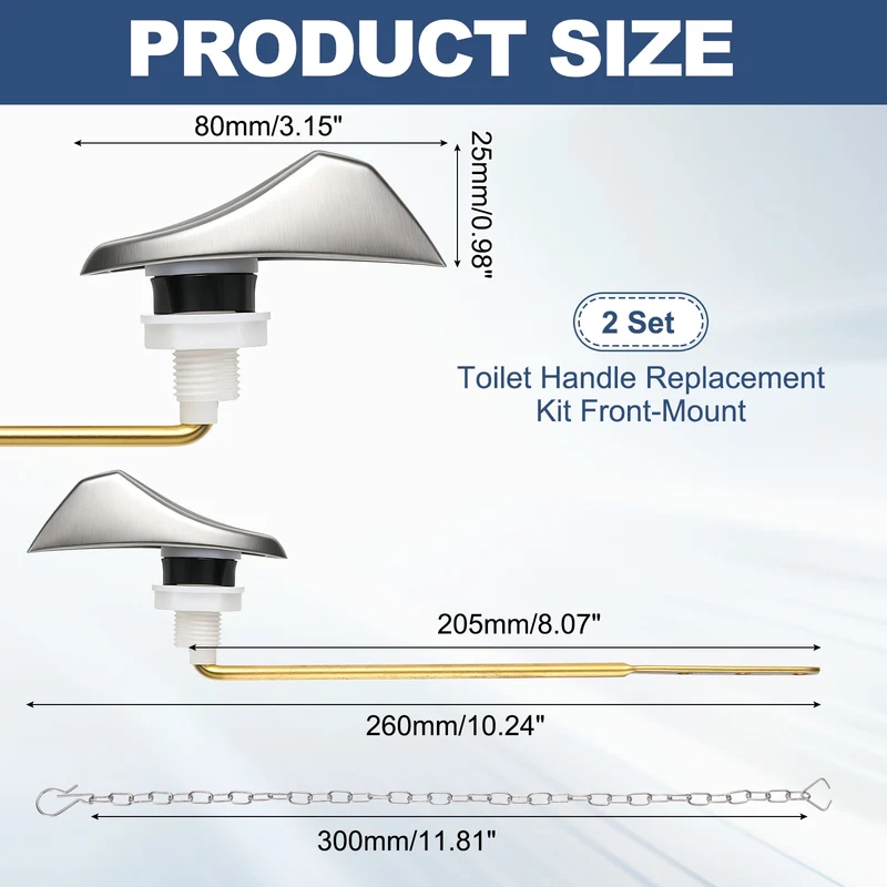2Pcs Toilet Handle Replacement Kit Front Mount, 205mm Lever, Brushed Nickel
