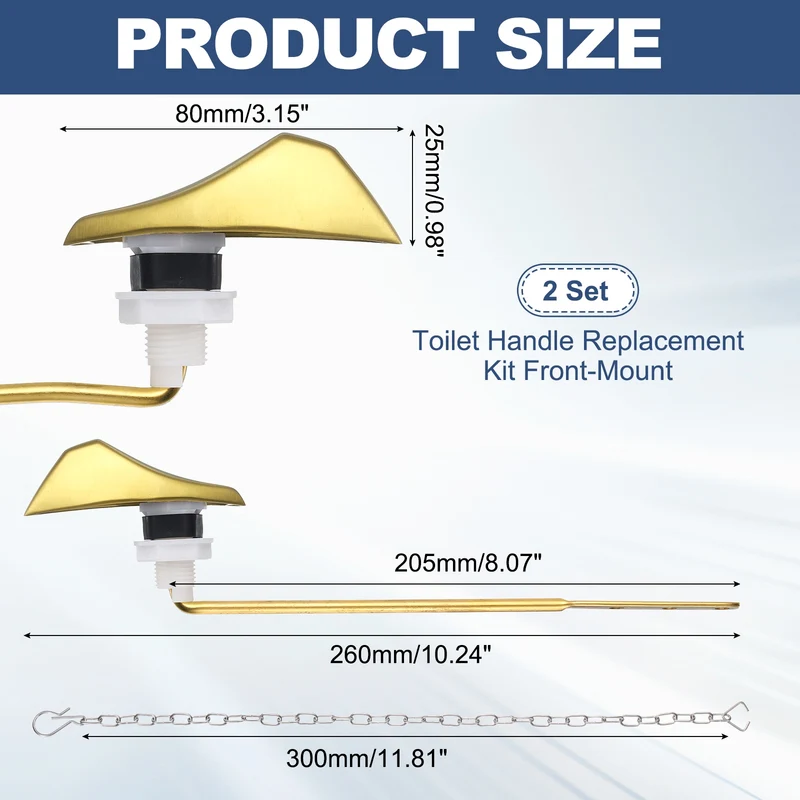 2Pcs Toilet Handle Replacement Kit Front Mount, 205mm Lever, Brushed Gold