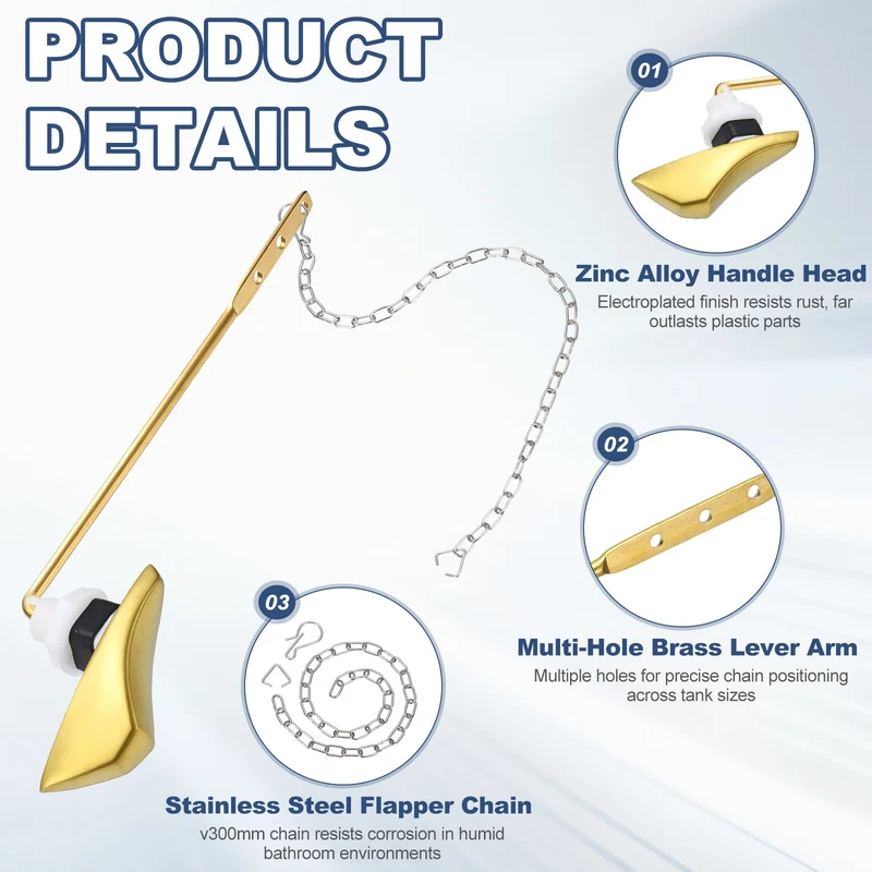 2Pcs Toilet Handle Replacement Kit Front Mount, 205mm Lever, Brushed Gold