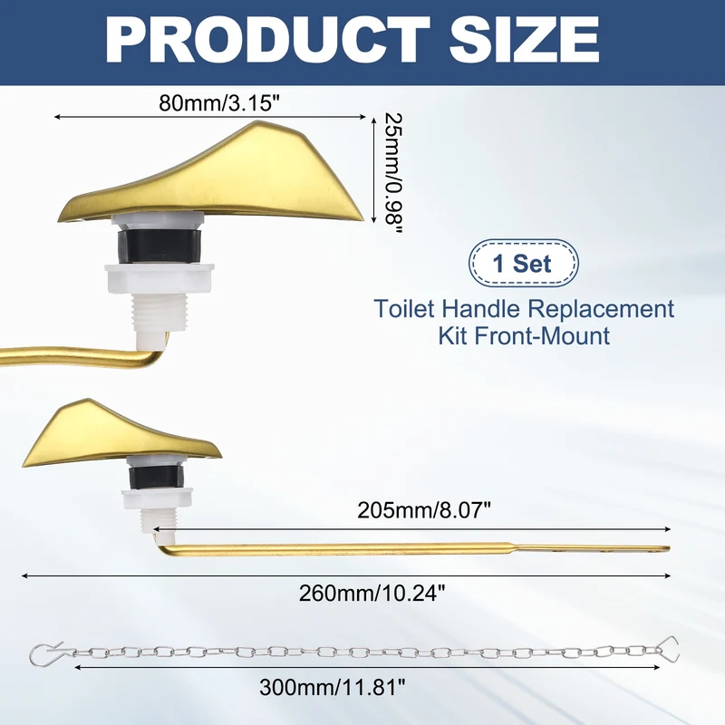 Toilet Handle Replacement Kit Front Mount, 205mm Lever, Brushed Gold