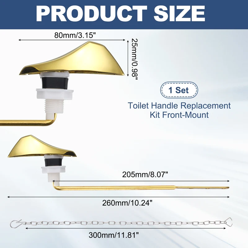 Toilet Handle Replacement Kit Front Mount, 205mm Lever, Gold