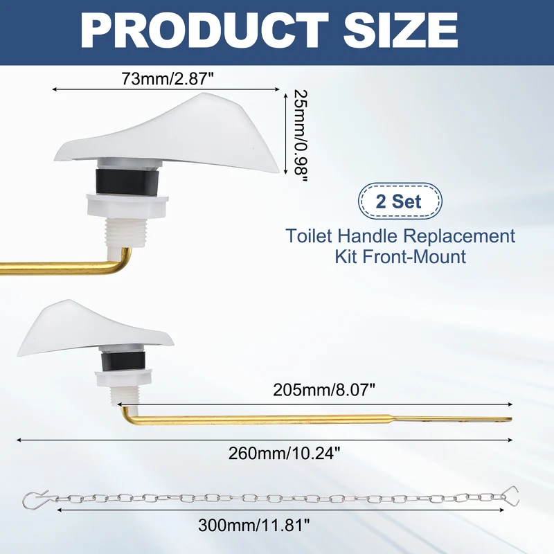 2Pcs Toilet Handle Replacement Kit Front Mount, 205mm Lever, White