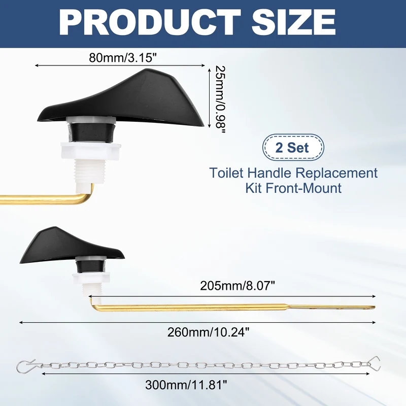2Pcs Toilet Handle Replacement Kit Front Mount, 205mm Lever, Matte Black
