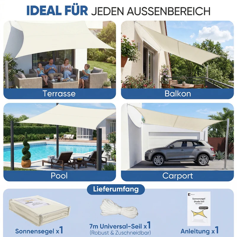 Sunula Sonnensegel wasserdicht Rechteckig – PES 160g/m² mit heißversiegelter Naht, UV-Schutz 95% UPF50+, reißfest & wetterfest mit Edelstahl-D-Ringen für Balkon, Terrasse & Garten (Creme)