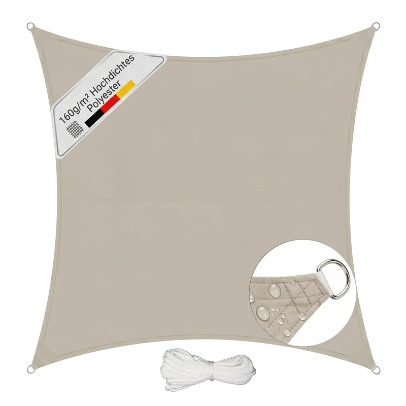 Sunula Sonnensegel wasserdicht Quadratisch – PES 160g/m² mit heißversiegelter Naht, UV-Schutz 95% UPF50+, reißfest & wetterfest mit Edelstahl-D-Ringen für Balkon, Terrasse & Garten (Taupe)