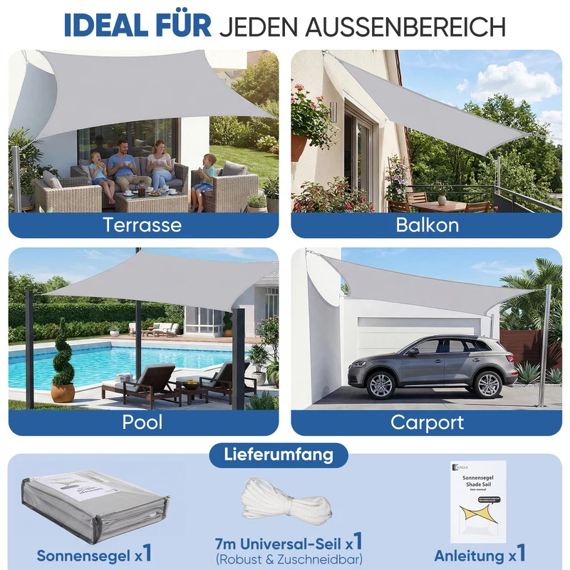 Sunula Sonnensegel wasserdicht ohne Mittelnaht – PES 160g/m², UV-Schutz 95% UPF50+, reißfest & wetterfest mit Lotus-Effekt, Rechteckig für Balkon, Terrasse & Garten (Hellgrau)