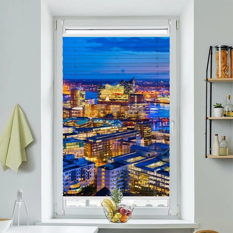 Wabenplissee Motiv "Hamburg Nacht Hafen Skyline"