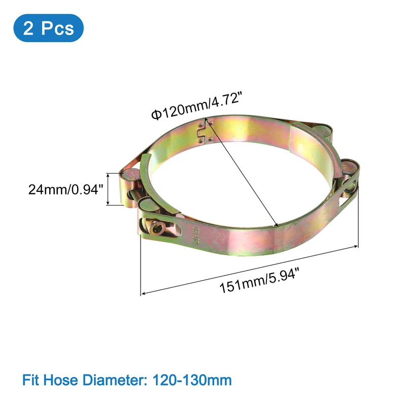 2Pcs T-Bolt Hose Clamps, 120-130mm/4.72"-5.12" ID Range, Carbon Steel