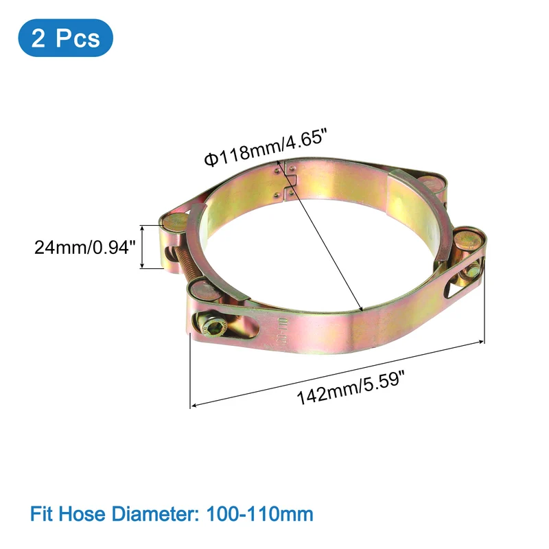 2Pcs T-Bolt Hose Clamps, 100-110mm/3.94"-4.33" ID Range, Carbon Steel