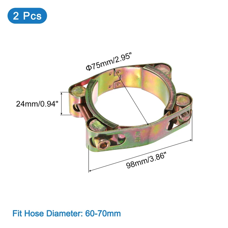 2Pcs T-Bolt Hose Clamps, 60-70mm/2.36"-2.76" ID Range, Carbon Steel