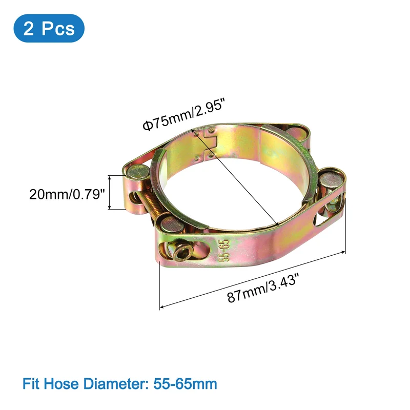2Pcs T-Bolt Hose Clamps, 55-65mm/2.17"-2.56" ID Range, Carbon Steel