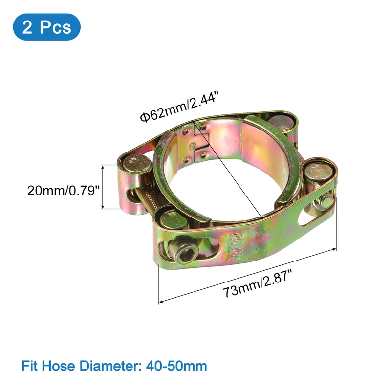 2Pcs T-Bolt Hose Clamps, 40-50mm/1.57"-1.97" ID Range, Carbon Steel