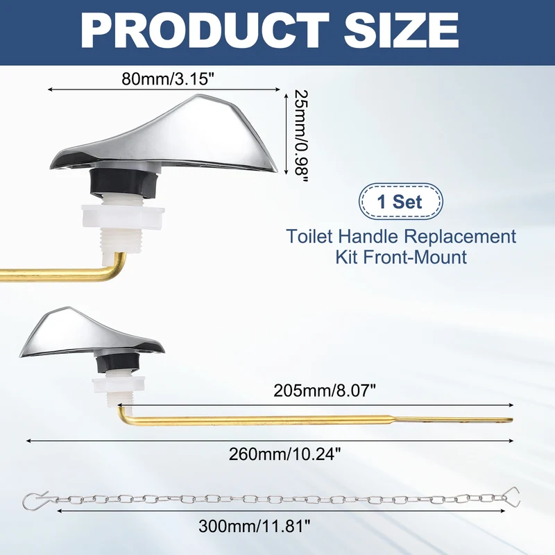 Toilet Handle Replacement Kit Front Mount, 205mm Lever, Silver