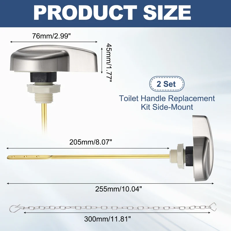 2Pcs Toilet Handle Replacement Kit Side Mount, 205mm Lever, Brushed Nickel