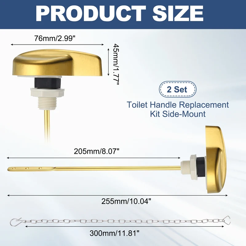 2Pcs Toilet Handle Replacement Kit Side Mount, 205mm Lever, Brushed Gold