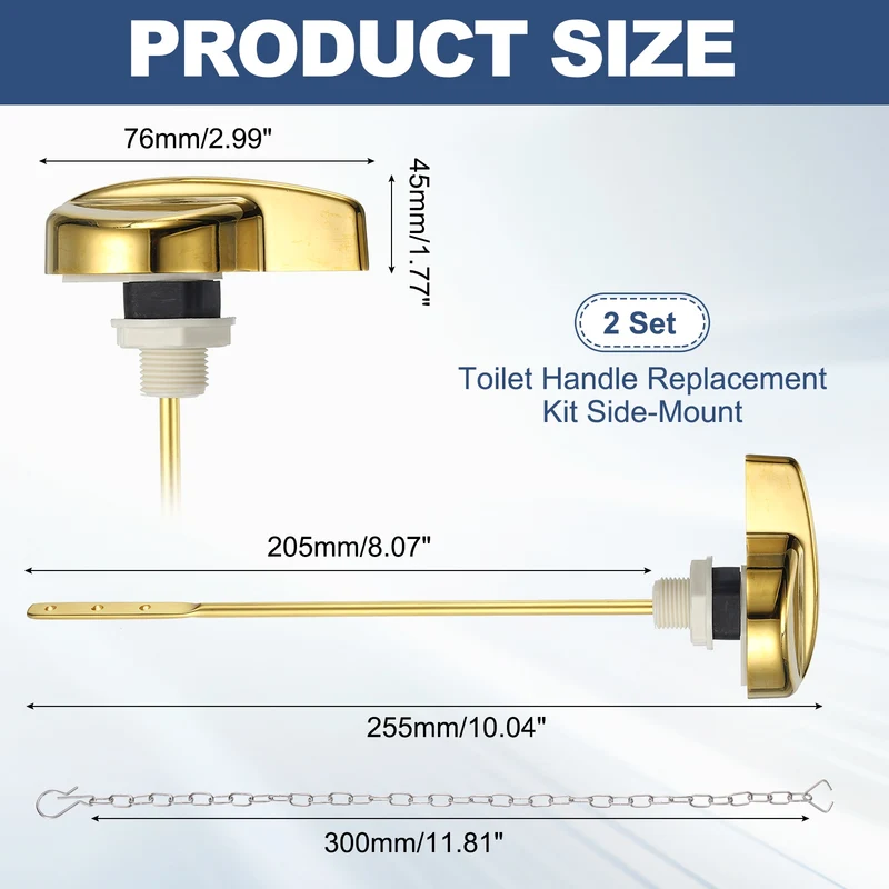 2Pcs Toilet Handle Replacement Kit Side Mount, 205mm Lever, Gold