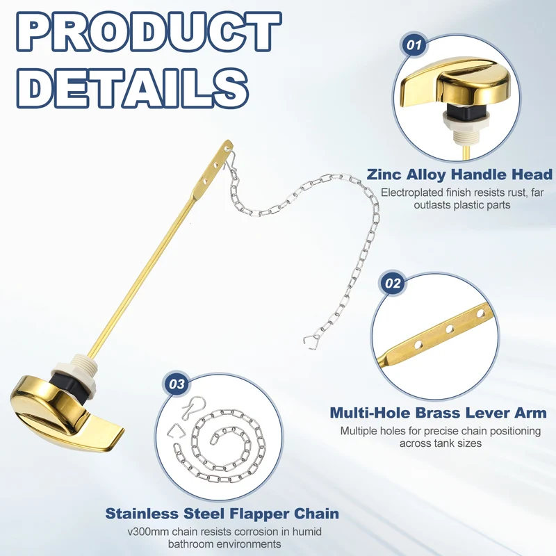 2Pcs Toilet Handle Replacement Kit Side Mount, 205mm Lever, Gold