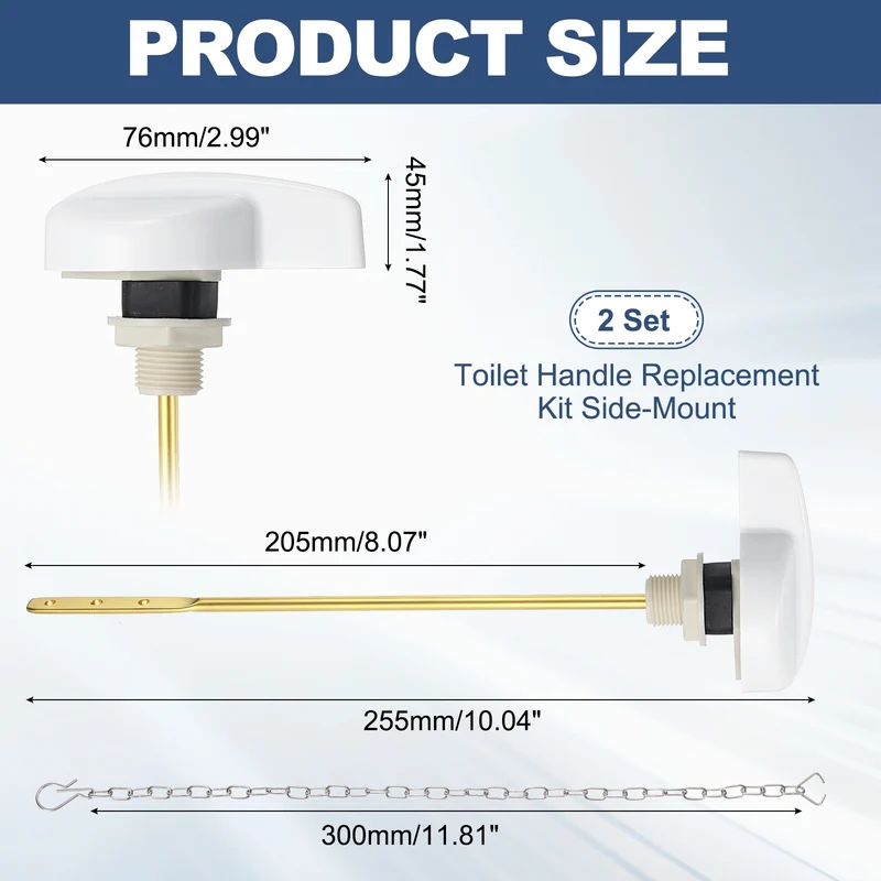 2Pcs Toilet Handle Replacement Kit Side Mount, 205mm Lever, White