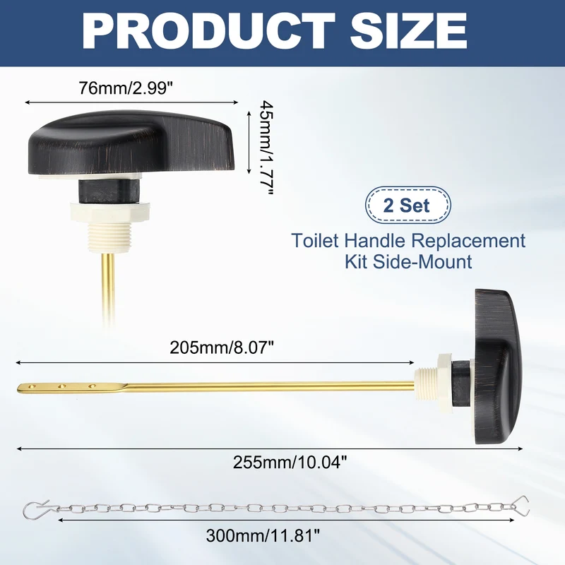 2Pcs Toilet Handle Replacement Kit Side Mount, 205mm Lever, Black Bronze