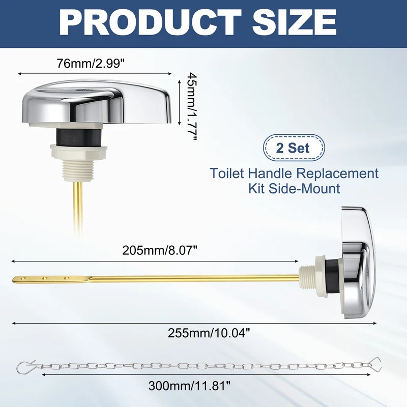 2Pcs Toilet Handle Replacement Kit Side Mount, 205mm Lever, Silver