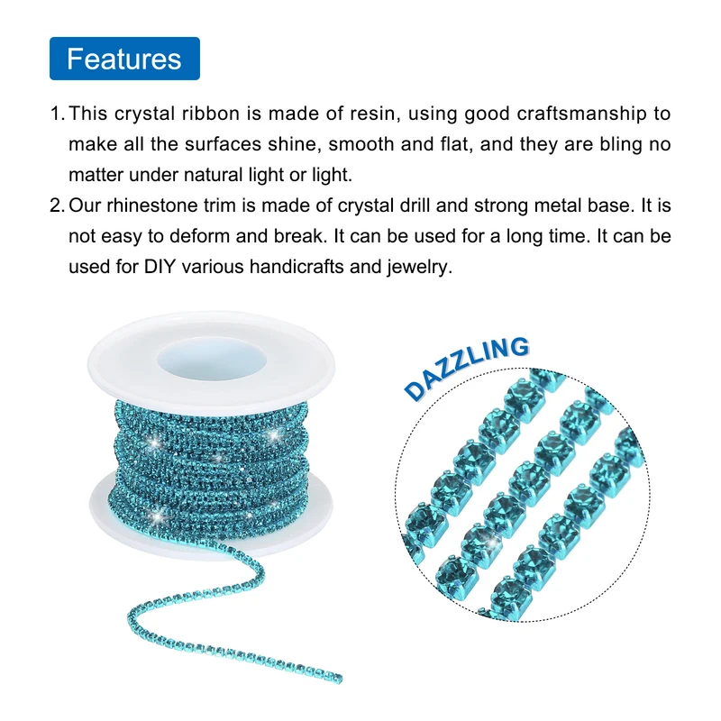 10 Yard 2mm Crystal Rhinestone Chain Lake Blue Gems Lake Blue Base
