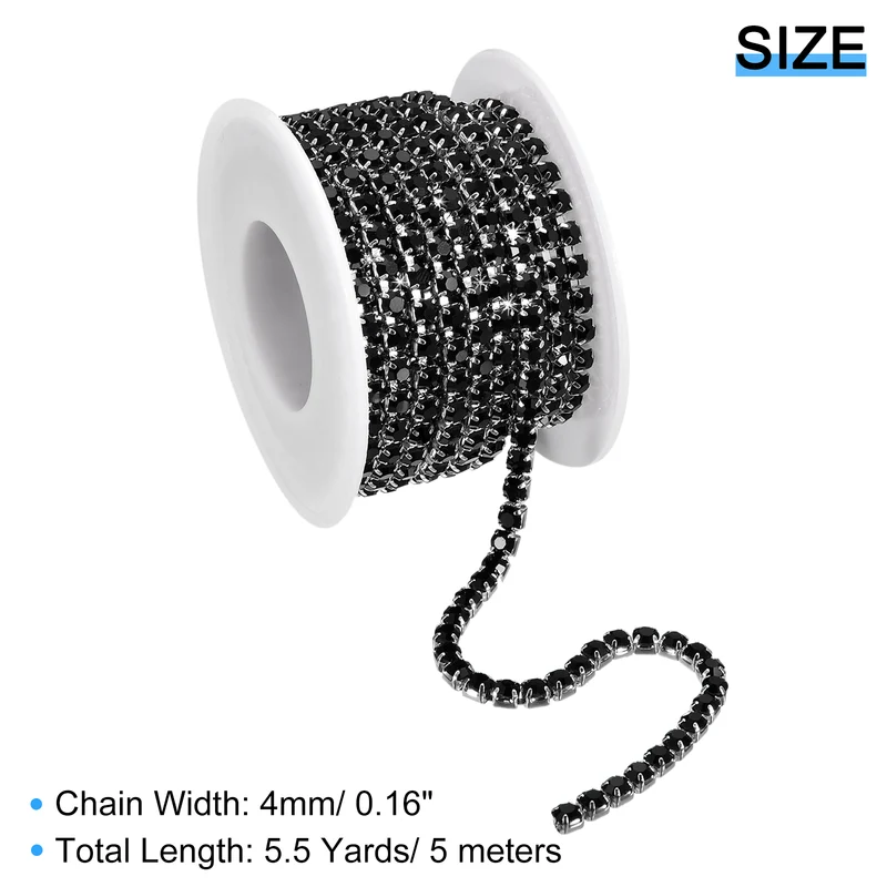 5.5 Yards Crystal Rhinestone Chain, 4mm Close Claw Chain Trim Black