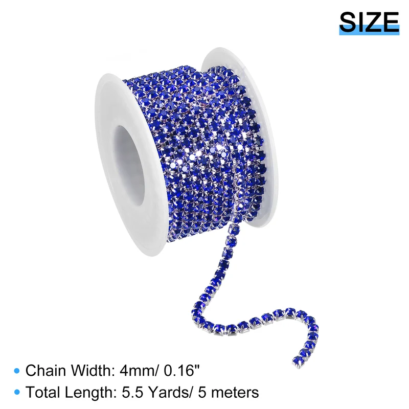 5.5 Yards Crystal Rhinestone Chain, 4mm Close Claw Chain Trim Sapphire