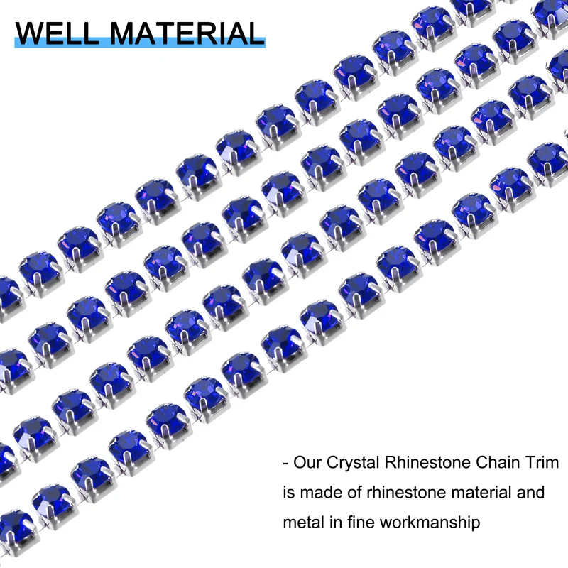 5.5 Yards Crystal Rhinestone Chain, 4mm Close Claw Chain Trim Sapphire