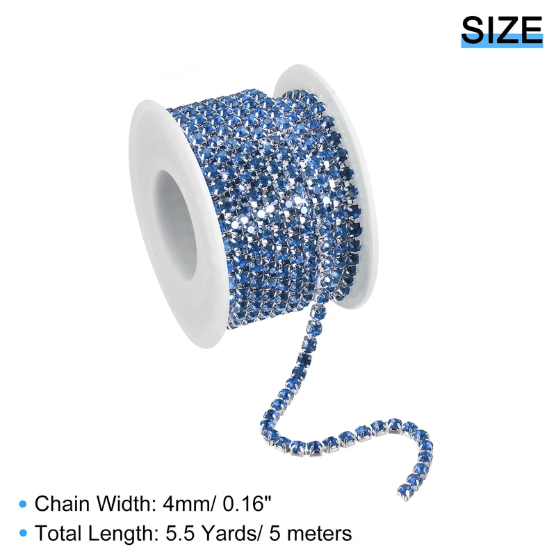 5.5 Yards Crystal Rhinestone Chain, 4mm Close Claw Chain Trim Light Blue